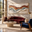 Rust and Blue Gray Strata Panorama Painting shown in a living room with a sofa.