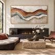 Rust and Blue Gray Strata Panorama Painting shown near a fireplace.