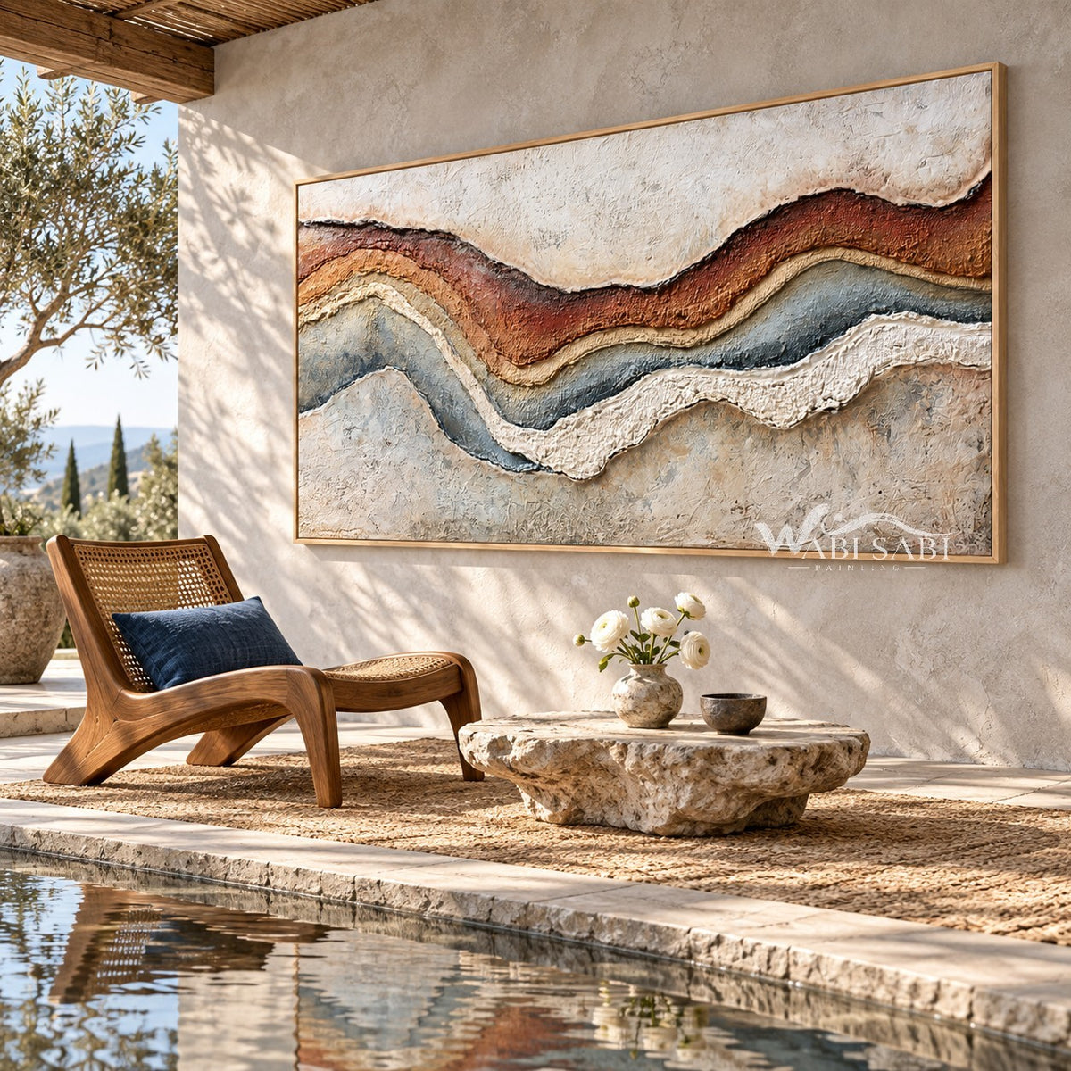 Rust and Blue Gray Strata Panorama Painting shown in a poolside interior.