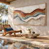 Rust and Blue Gray Strata Panorama Painting shown in a poolside interior.