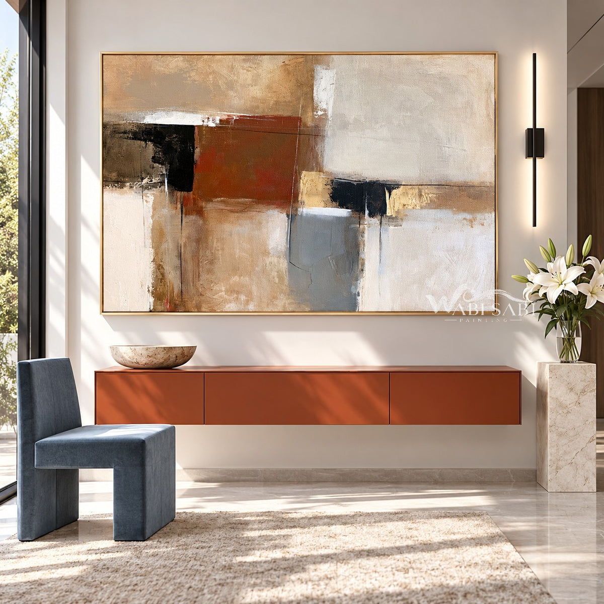 Rust and Gray Color Block Canvas Painting shown above a console.