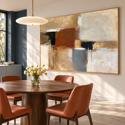 Rust and Gray Color Block Canvas Painting shown in a dining area.