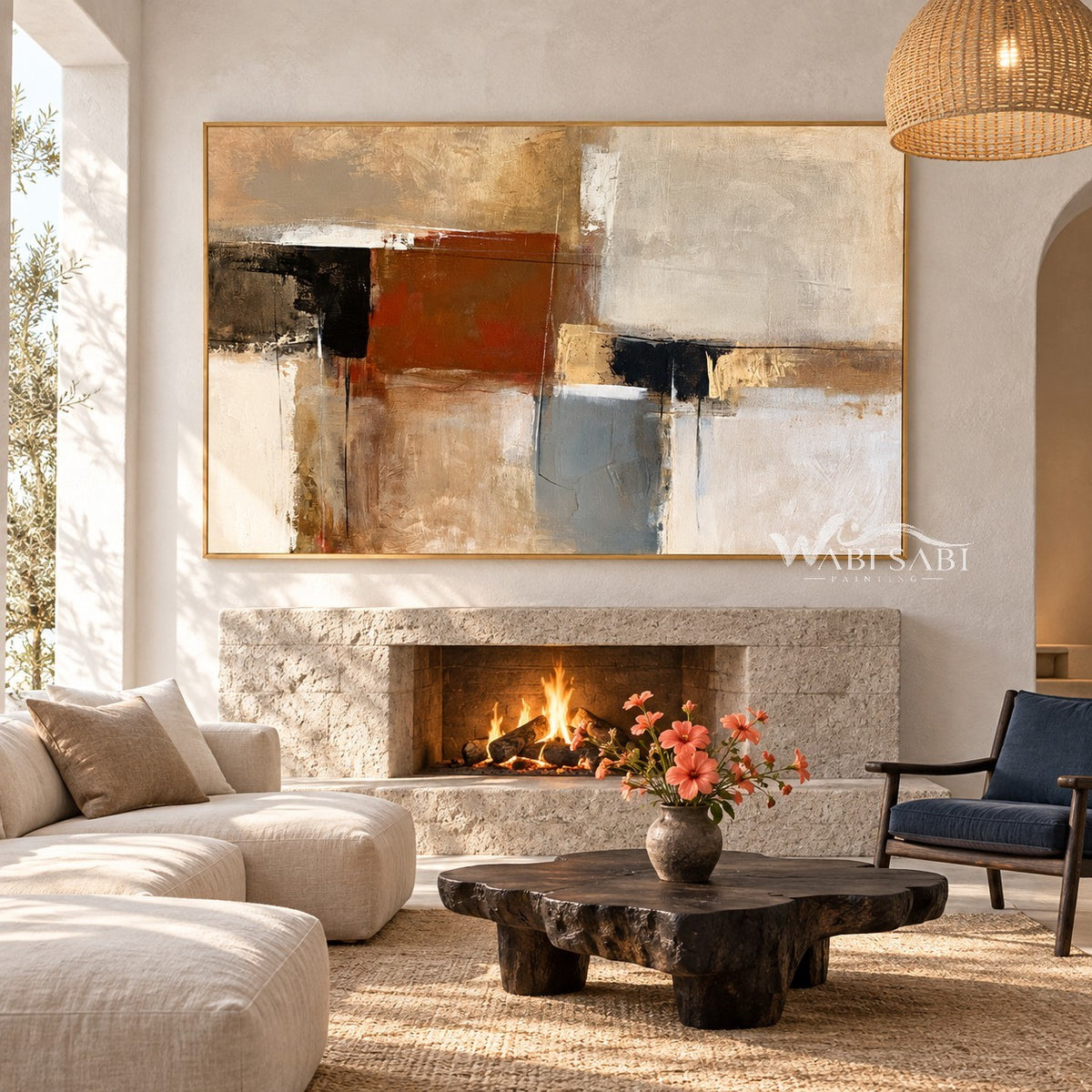 Rust and Gray Color Block Canvas Painting shown near a fireplace.