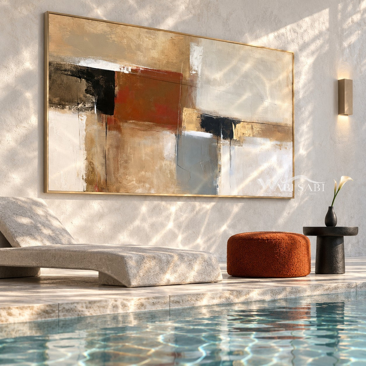 Rust and Gray Color Block Canvas Painting shown in a poolside interior.