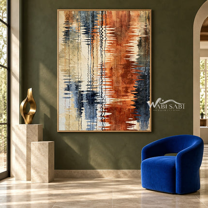 Rust and Navy Water Reflection Abstract Wall Art shown beside a blue chair on a green wall.