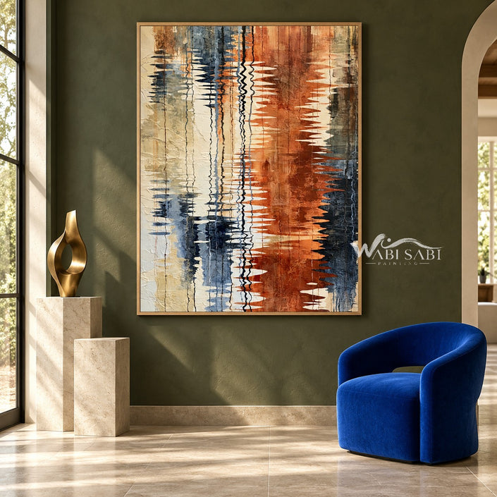 Rust and Navy Water Reflection Abstract Wall Art shown beside a blue chair on a green wall.