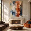 Rust and Navy Water Reflection Abstract Wall Art shown above a fireplace.