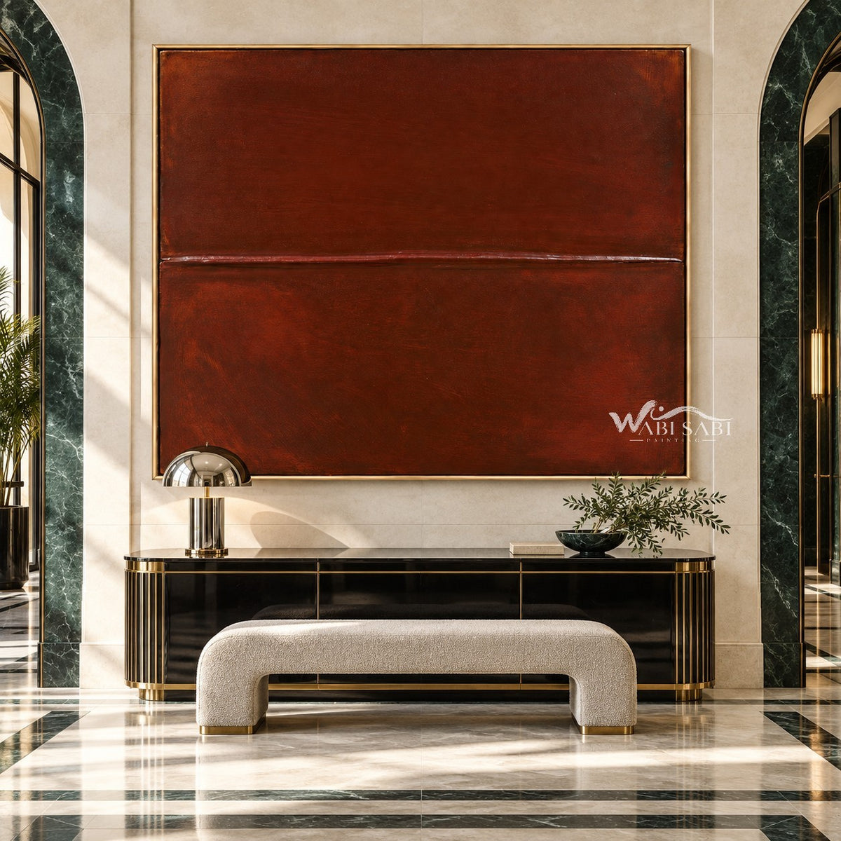 Rust Red Field with a Fine Seam Wall Art shown above a console and pale bench.