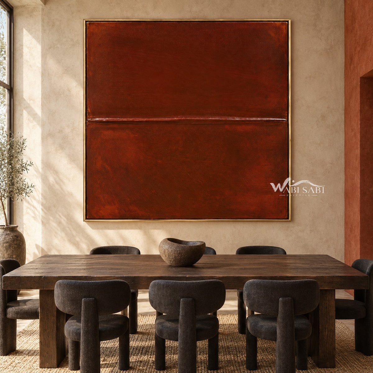 Rust Red Field with a Fine Seam Wall Art shown behind a dining table.