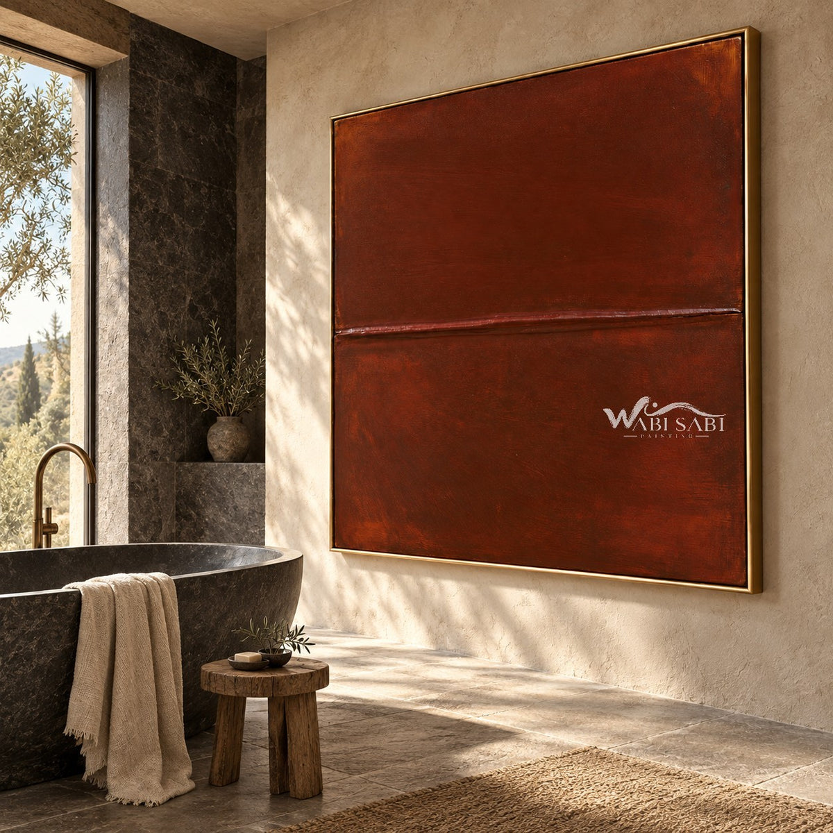 Rust Red Field with a Fine Seam Wall Art shown beside a freestanding bathtub.