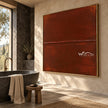 Rust Red Field with a Fine Seam Wall Art shown beside a freestanding bathtub.
