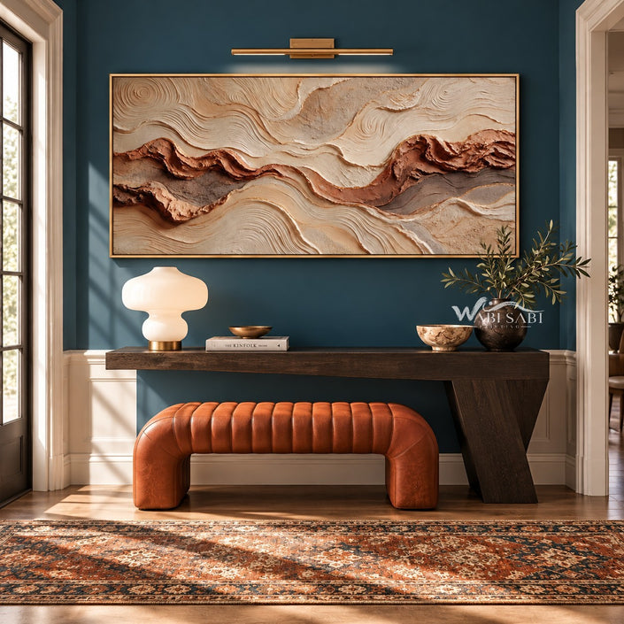 Rust Seam and Cream Contour Wall Art shown above a console and orange bench.