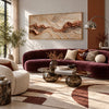 Rust Seam and Cream Contour Wall Art shown above a burgundy sofa.