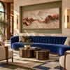 Rust Seam and Cream Contour Wall Art shown above a blue sofa.