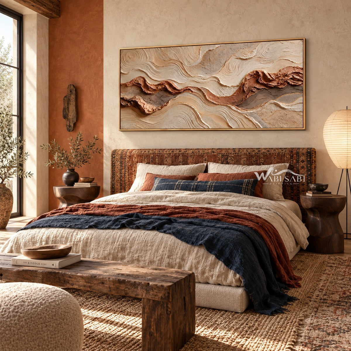 Rust Seam and Cream Contour Wall Art shown above a bed with blue bedding.