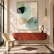 Sage Oval Shapes and Fine Lines Painting shown above a console.