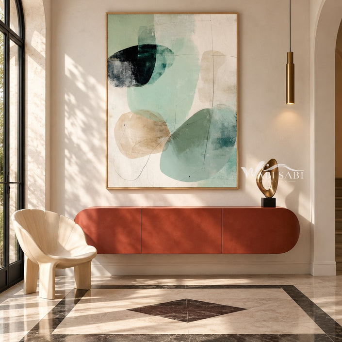 Sage Oval Shapes and Fine Lines Painting shown above a console.
