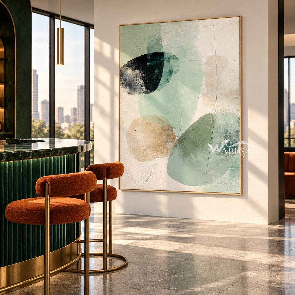Sage Oval Shapes and Fine Lines Painting shown in a bar area.