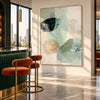 Sage Oval Shapes and Fine Lines Painting shown in a bar area.