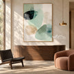 Sage Oval Shapes and Fine Lines Painting shown above a console.
