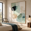 Sage Oval Shapes and Fine Lines Painting shown in a bedroom.