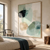 Sage Oval Shapes and Fine Lines Painting shown in a bedroom.