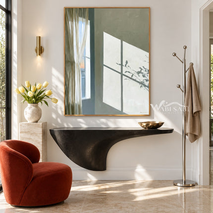 Sage Window Light and Curtain Painting shown above a console.