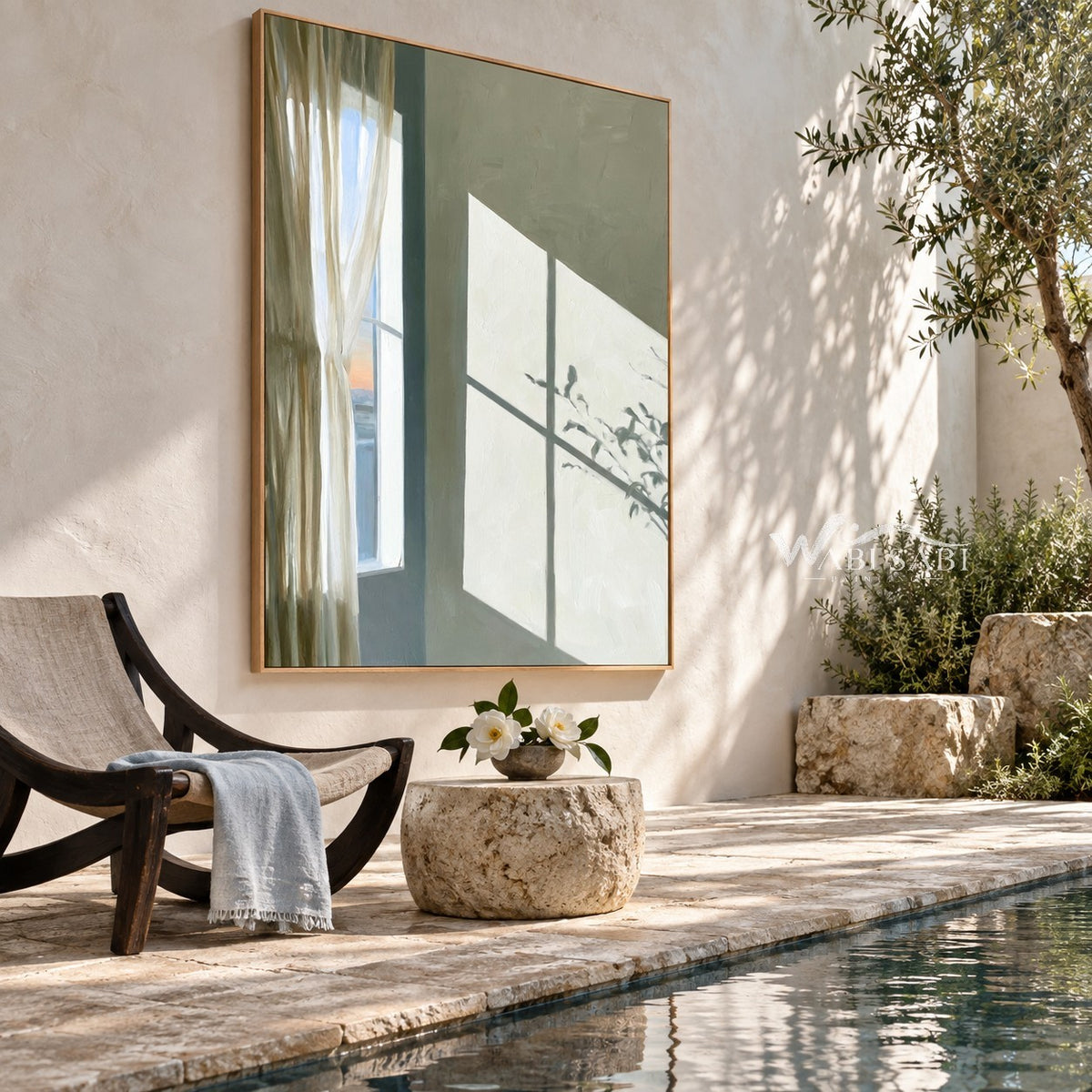 Sage Window Light and Curtain Painting shown in a poolside interior.