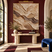 Sand and Brown Swirled Strata Wall Art shown above a pale console.