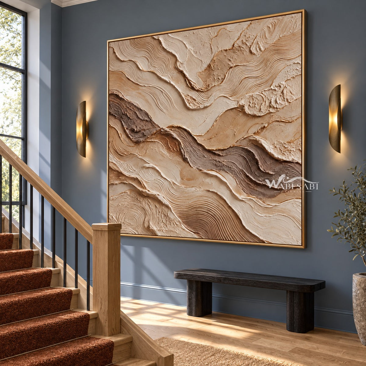 Sand and Brown Swirled Strata Wall Art shown beside a staircase.
