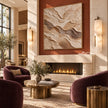 Sand and Brown Swirled Strata Wall Art shown above a fireplace.