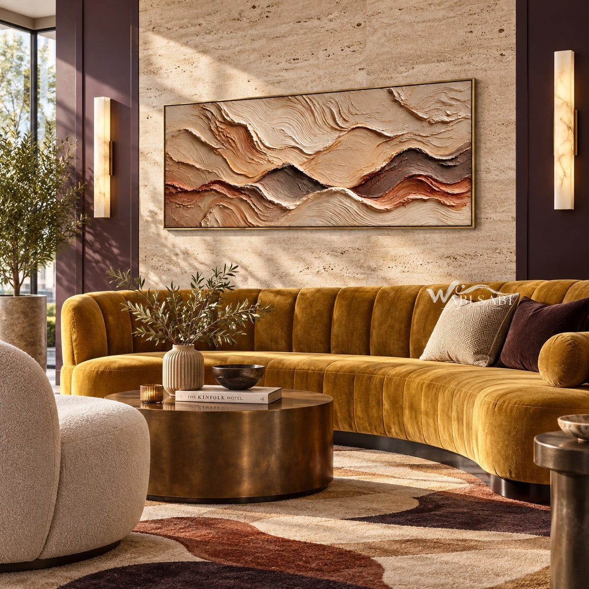 Sand and Terracotta Layer Panorama Wall Art shown above a mustard sectional sofa.