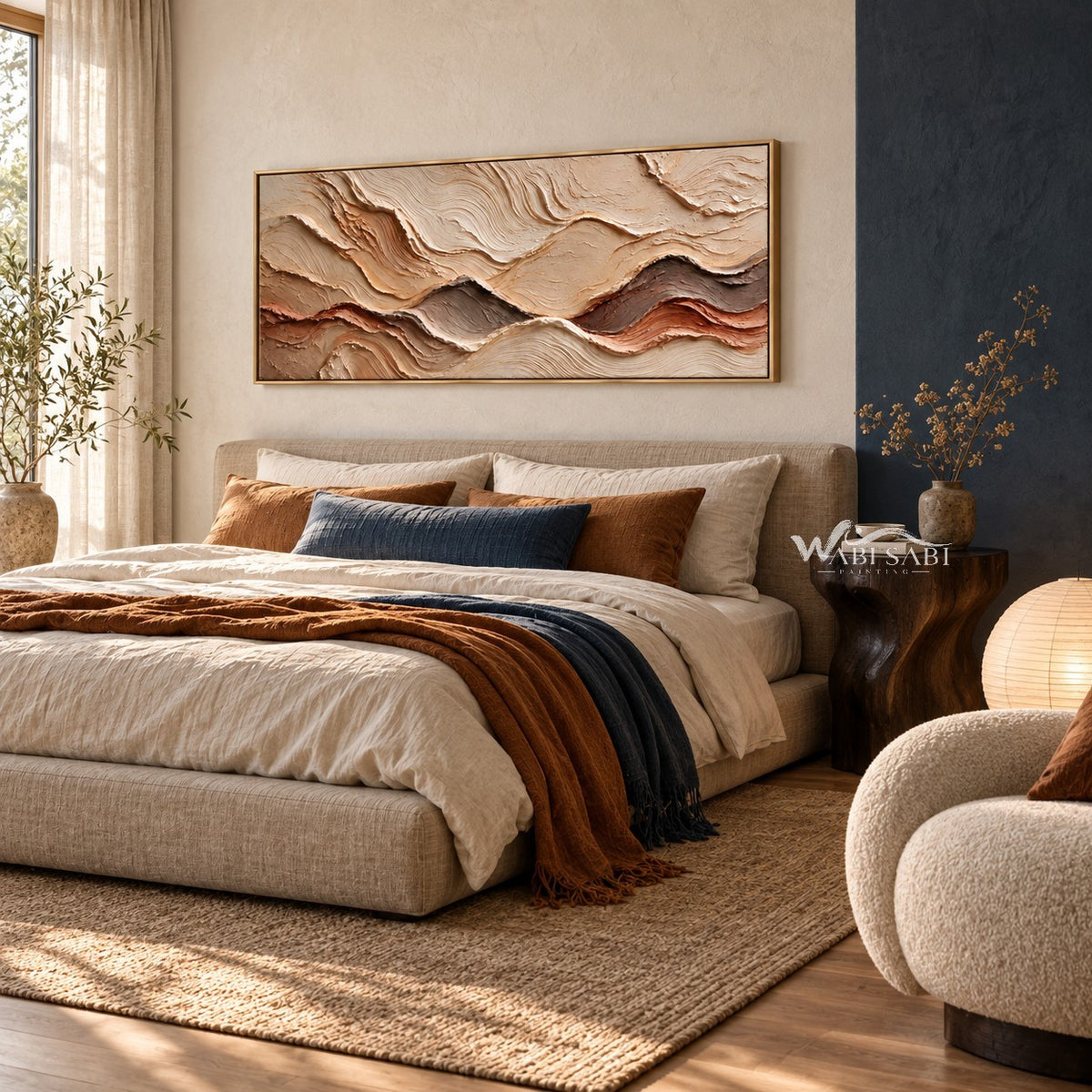 Sand and Terracotta Layer Panorama Wall Art shown above a bed with pale bedding.