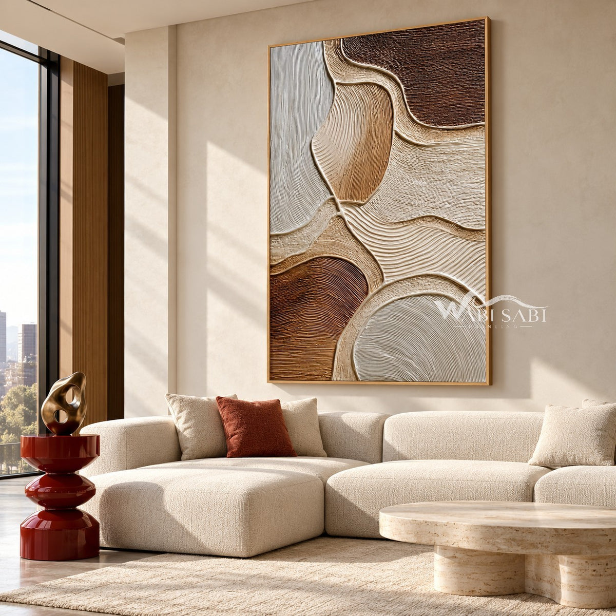 Sandstone Curves Abstract Canvas shown above a sofa.