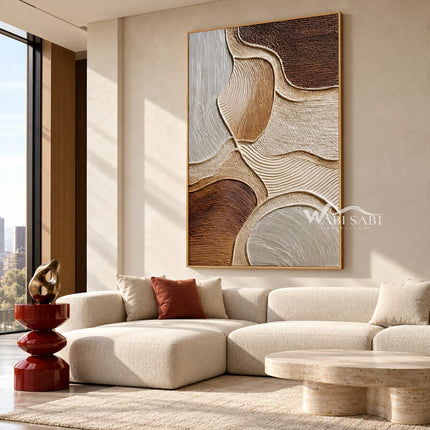 Sandstone Curves Abstract Canvas shown above a sofa.