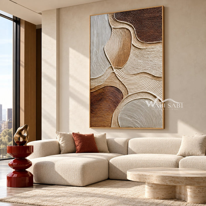 Sandstone Curves Abstract Canvas shown above a sofa.