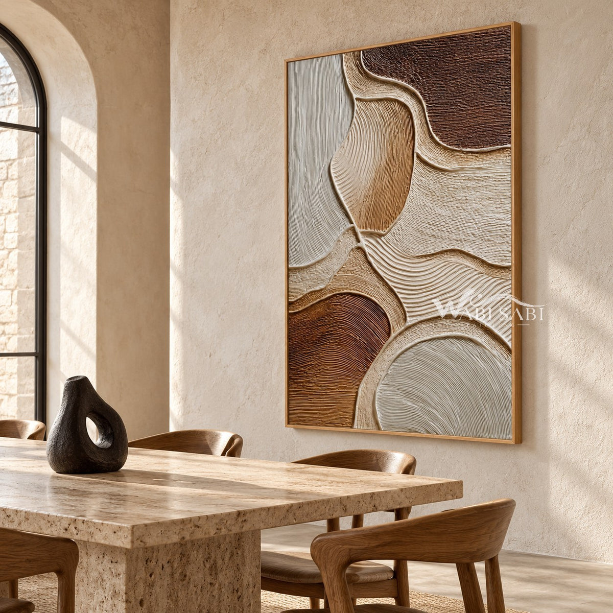 Sandstone Curves Abstract Canvas shown in a dining area.