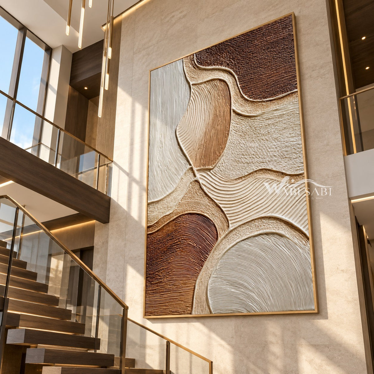 Sandstone Curves Abstract Canvas shown beside a staircase.