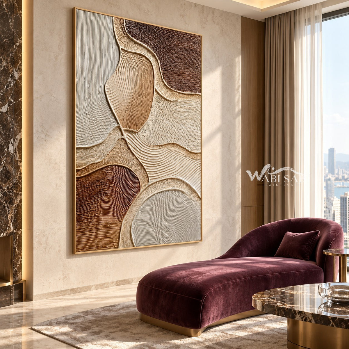Sandstone Curves Abstract Canvas shown in a seating area.