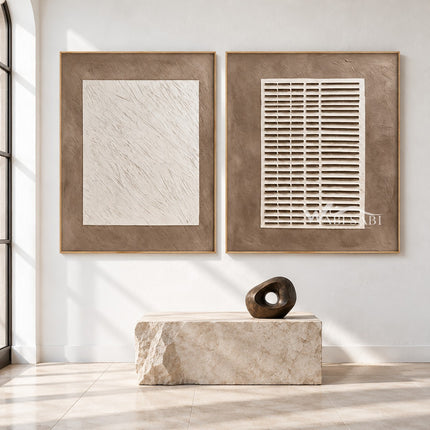Scratch and Grid Neutral 2-Piece Set shown above a bench.