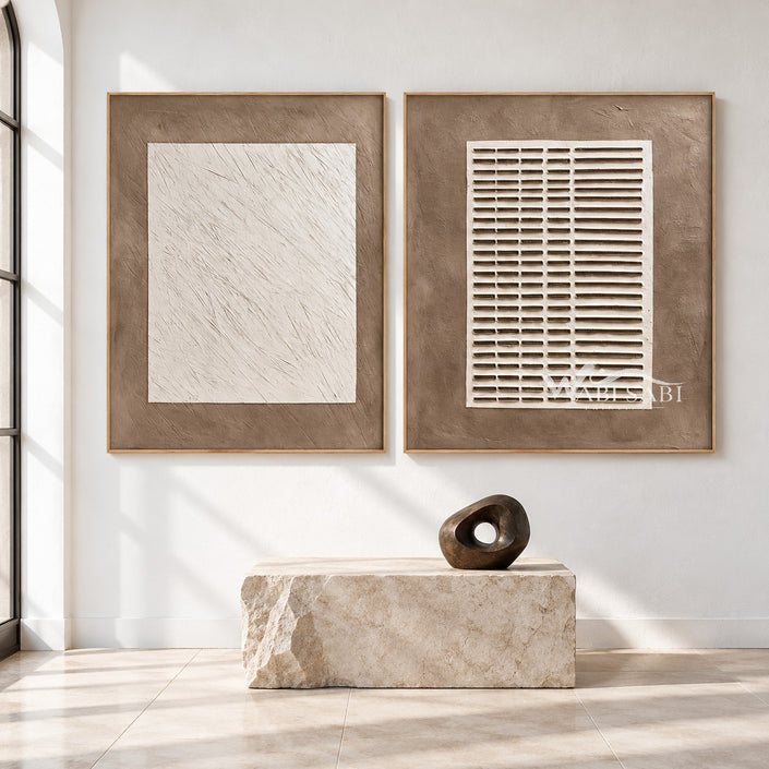 Scratch and Grid Neutral 2-Piece Set shown above a bench.