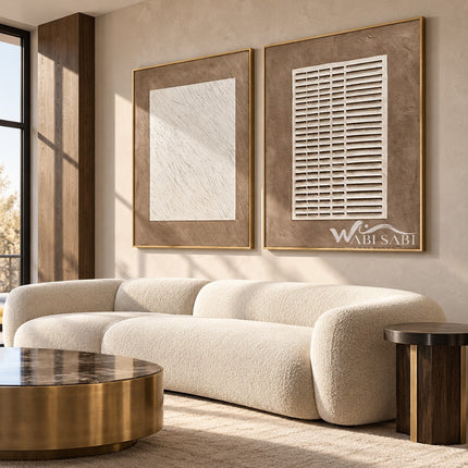 Scratch and Grid Neutral 2-Piece Set shown above a sofa.