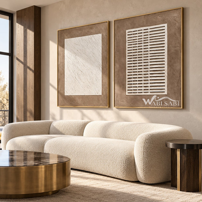 Scratch and Grid Neutral 2-Piece Set shown above a sofa.