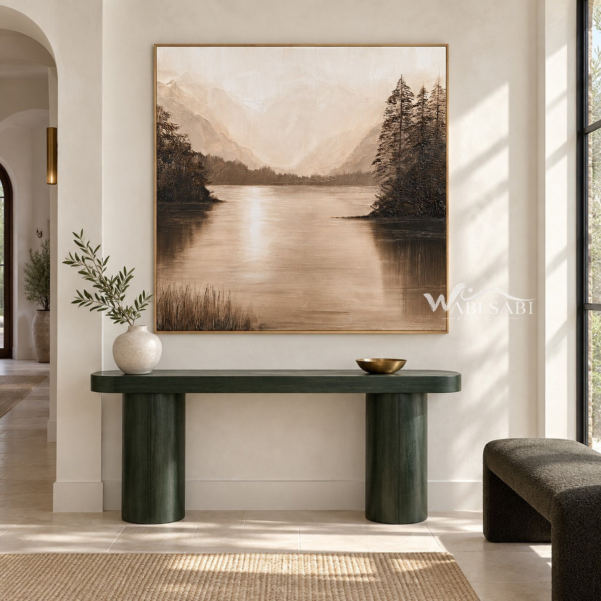 Sepia Mountain Lake Landscape Painting shown above a console.