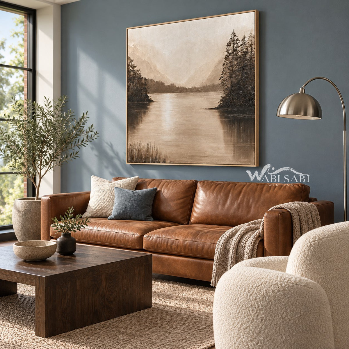 Sepia Mountain Lake Landscape Painting shown in a living room with a sofa.