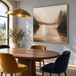 Sepia Mountain Lake Landscape Painting shown in a dining area.