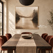 Sepia Mountain Lake Landscape Painting shown in a dining area.