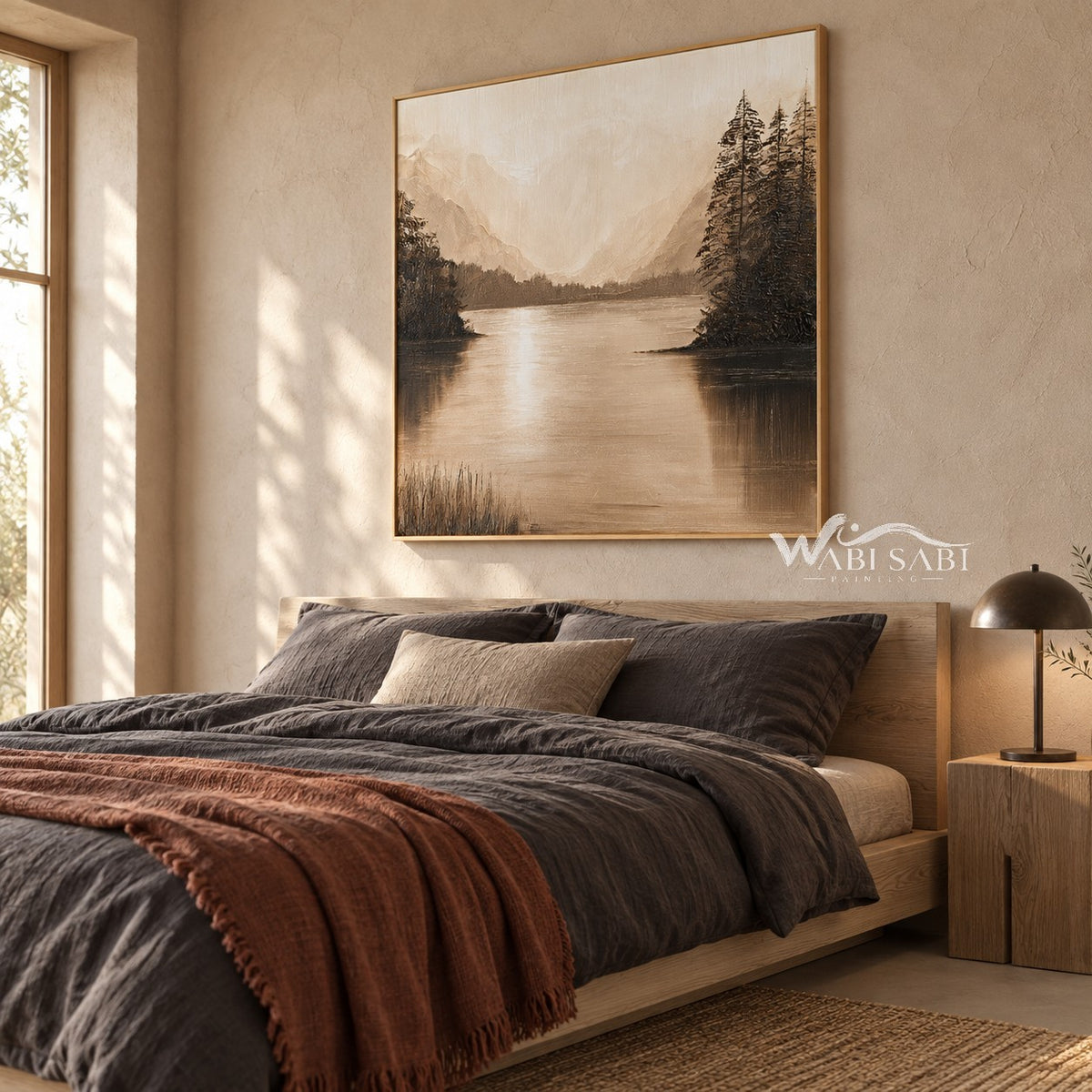 Sepia Mountain Lake Landscape Painting shown in a bedroom.