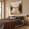 Sepia Mountain Lake Landscape Painting shown in a bedroom.