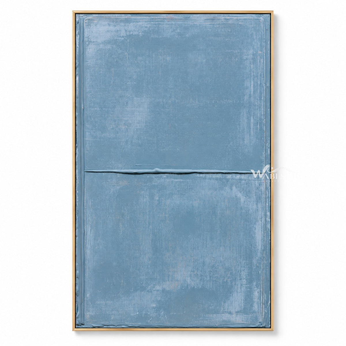 Tall slate-blue composition in slate blue. Narrow horizontal line.